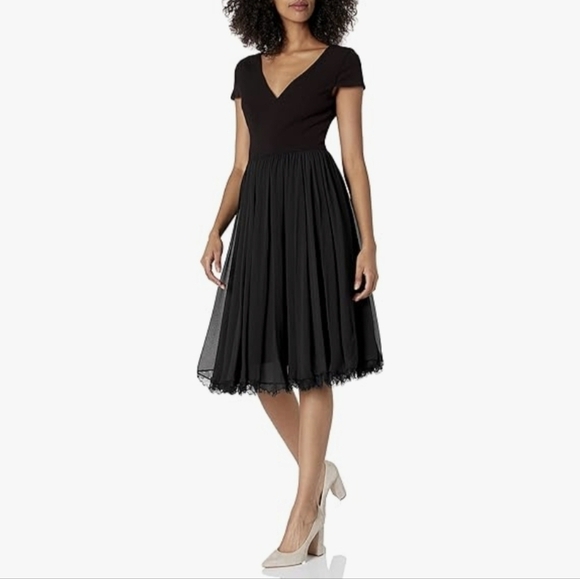 Dress the Population-NWOT Corey Plunging Mix Media Cap Sleeve A-line Midi Dress - Picture 1 of 7